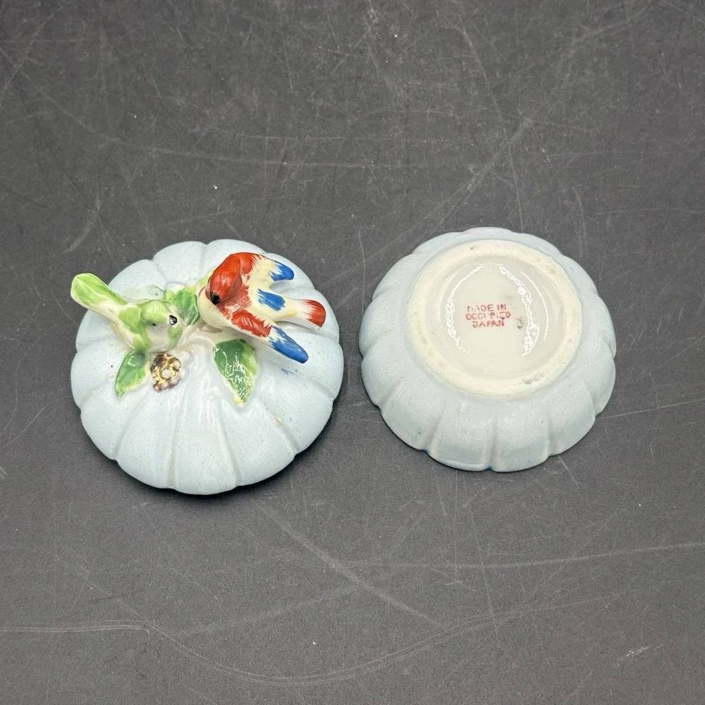 Vtg Baby Blue Trinket Box With Birds On Top Japan
